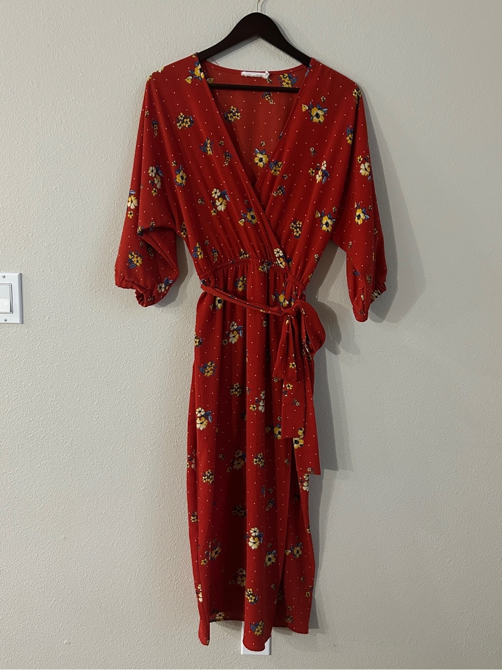All in Favor Red Floral Wrap Midi Dress with Tie
